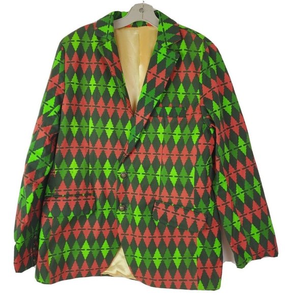 Shinesty Other - Shinesty Mens Holiday Christmas Blazer Red Green Tree Print Sz 42 Lined GUC HN